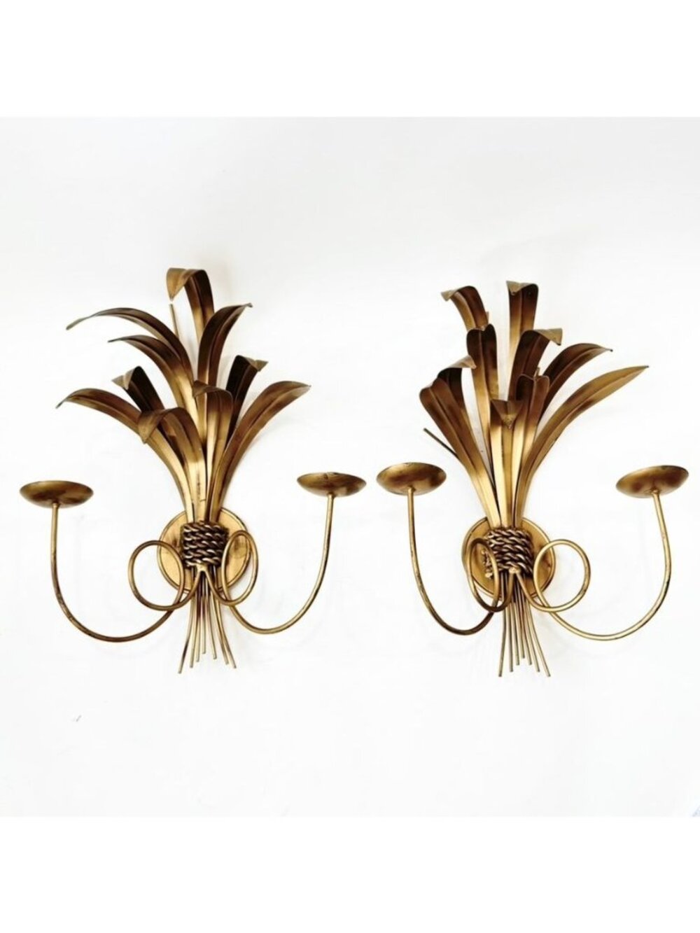 Vintage Hollywood Regency Gilt Wheat Sheaf Wall Candle Sconce Pair